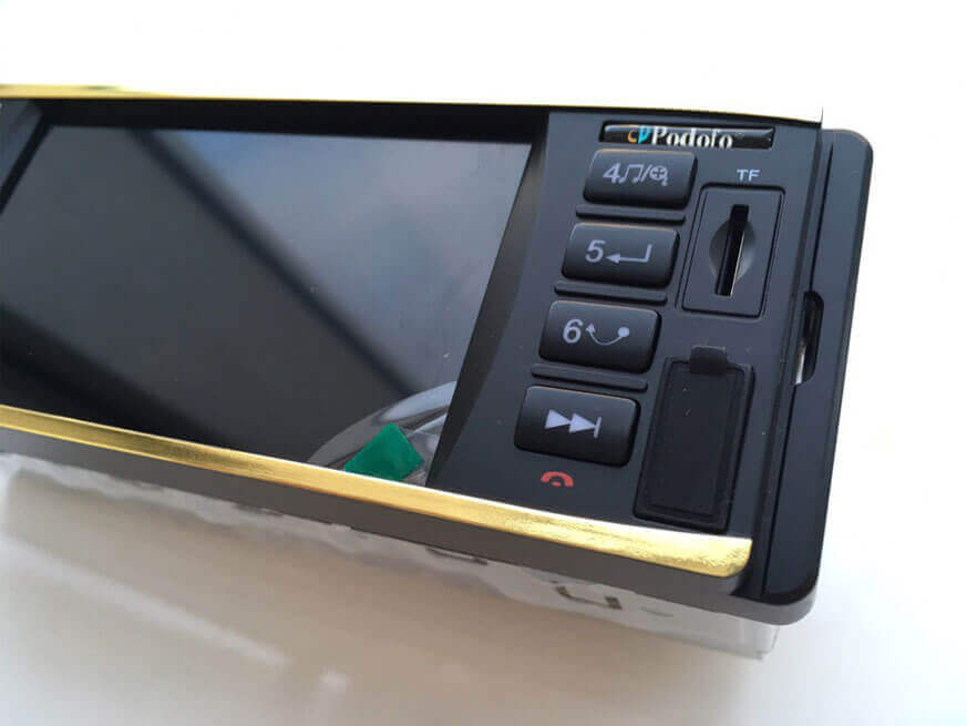 Часть экрана и вход под USB, SD карту и кнопки управления и логотип Podofo