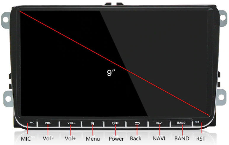 Интерфейс спереди с 9 дюймовым экраном и кнопками управления громкости, включения и т.д.